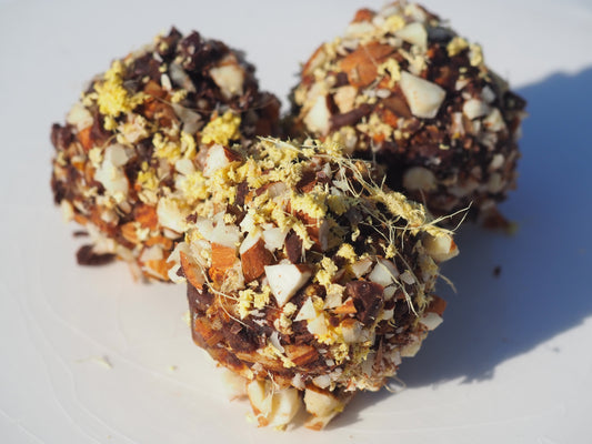 CLARITY – A bite with almonds, fresh ginger, lemon zest and salt,  70% dark chocolate and Reishi