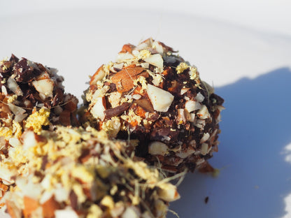 CLARITY – A bite with almonds, fresh ginger, lemon zest and salt,  70% dark chocolate and Reishi