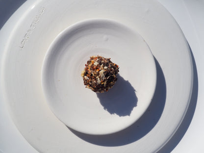 NOW – A bite with oat, walnut, almonds, cacao powder, dates, chili flakes, salt,  70% dark chocolate and Cordyceps