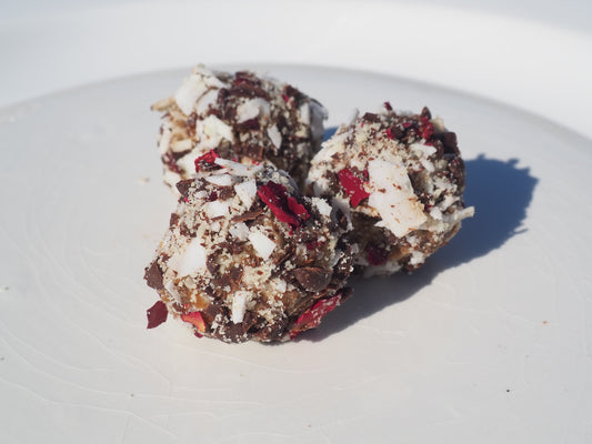 HAPPINESS – a bite with shredded coconut, date, condensed milk & 70% dark chocolate and Lion`Mane